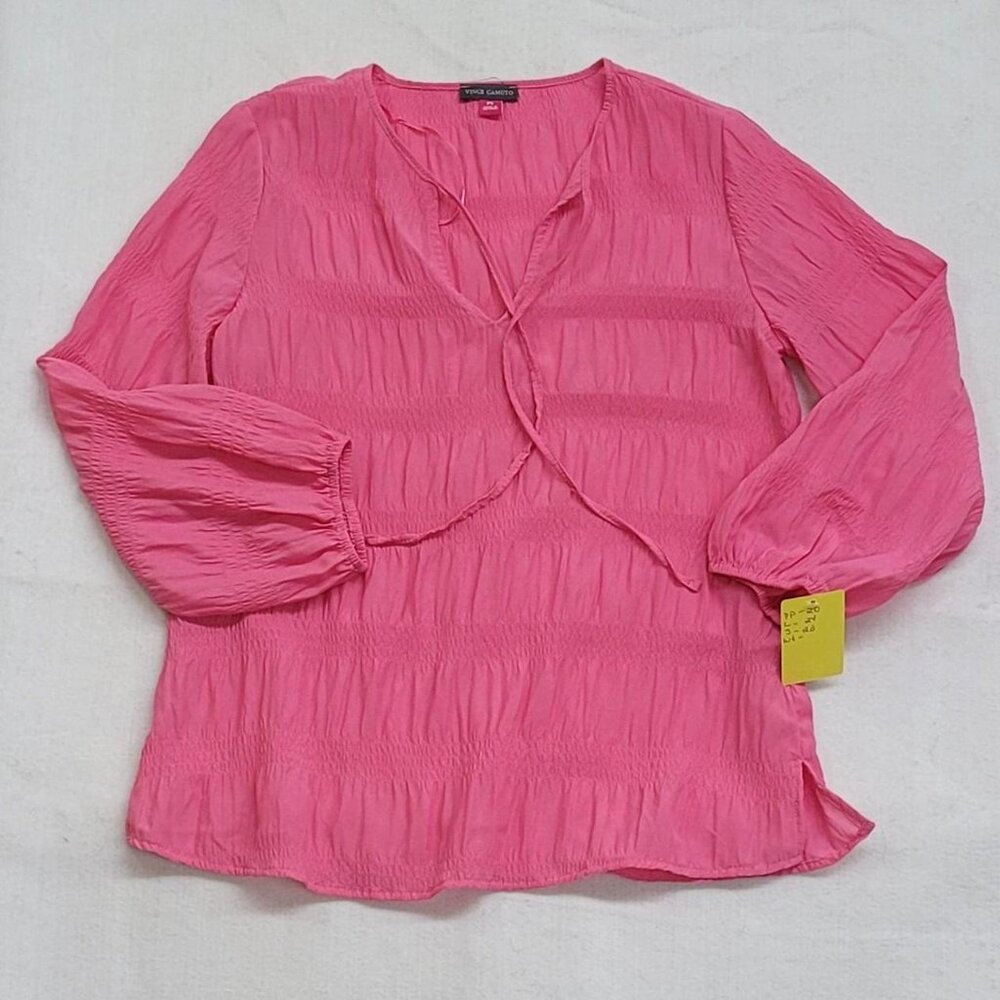 Vince Camuto Petite Small Pink Blouse Ruching + Tie Front Detail